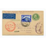Germany May 1930 1st S. America Zeppelin flight card to Brazil with 2 mark blue overprinted tied