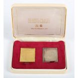 A silver stamp replica of a Silver Wedding 3p, weight 26.7g, and a 22ct gold stamp replica of a