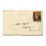 Great Britain postal history with 1851 cover 1d red brown (4 margins), tied blue '563' of