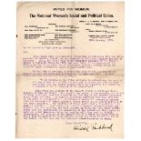 AUTOGRAPH, SUFFRAGETTE. A typed letter signed (t.l.s.) by Christabel Pankhurst on 'Votes for