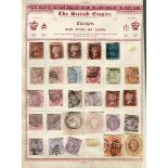 World stamps in an Old Empire album, including Great Britain 1880 5 shillings, 10 shillings, £1