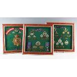 Two medals and a collection of British Army insignia, mostly relating to three members of the
