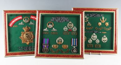 Two medals and a collection of British Army insignia, mostly relating to three members of the