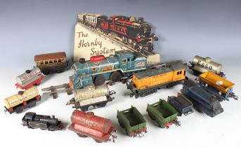 A collection of gauge O railway items, including Marx American Outline diesel locomotive Union