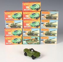 Eighteen Matchbox New 1-75 vehicles, comprising six No. 70 SP guns, six No. 73 Rola-Matics Weasels