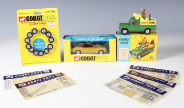 A Corgi Toys No. 338 Golden Jacks Chevrolet SS350 Camaro, within a window box, a No. 472 public