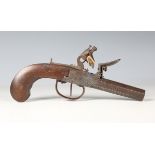 A late 18th/early 19th century French flintlock pistol, the octagonal barrel with unusual textured