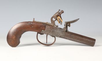 A late 18th/early 19th century French flintlock pistol, the octagonal barrel with unusual textured