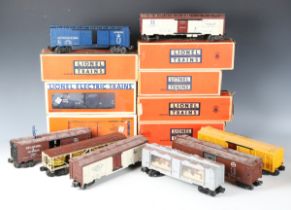 A good collection of Lionel gauge O plastic-bodied stock cars, various liveries, some boxed (some