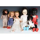 A Pedigree hard plastic walking talking doll, another Pedigree doll and four other dolls, all