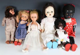 A Pedigree hard plastic walking talking doll, another Pedigree doll and four other dolls, all