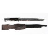A post-war copy German K98 bayonet with single-edged fullered blade, blade length 25.5cm, the