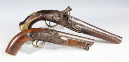 An early 19th century sea service pattern percussion pistol, barrel length 15.5cm, the lock