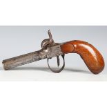 An early 19th century double-barrelled percussion pistol, barrel length 7cm, with engraved foliate