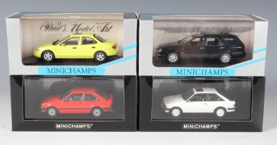 Four Minichamps 1:43 scale model cars, comprising No. 430-054010 Ford Scorpio Break 1995, No. 400