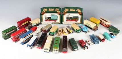 A collection of diecast buses, commercial vehicles, coaches and cars, including Corgi The Original