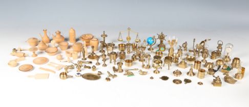 A collection of modern brass and wooden doll's house accessories, including jugs, bowls, kettle,