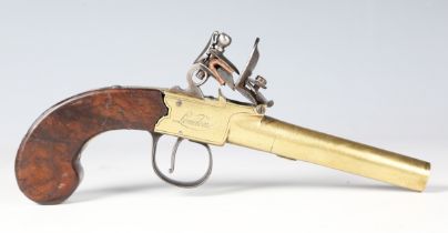 A late 18th/early 19th century flintlock pistol with brass turn-off barrel, barrel length 8cm, brass