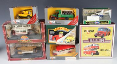 A collection of diecast cars and commercial vehicles, including Corgi trams, buses, coaches and