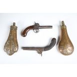 Two 19th century percussion pistols, each with turn-off barrel, barrel length 7cm, foliate