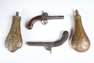 Two 19th century percussion pistols, each with turn-off barrel, barrel length 7cm, foliate