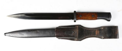 A German K98 bayonet with single-edged fullered blade, blade length 25.5cm, the ricasso marked '