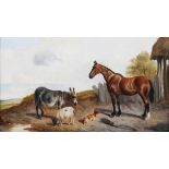 Circle of John Arnold Wheeler - Farmyard with Horse, Donkey and Goats, 19th century oil on canvas,