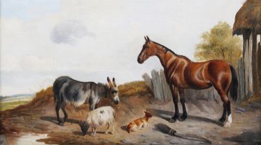 Circle of John Arnold Wheeler - Farmyard with Horse, Donkey and Goats, 19th century oil on canvas,