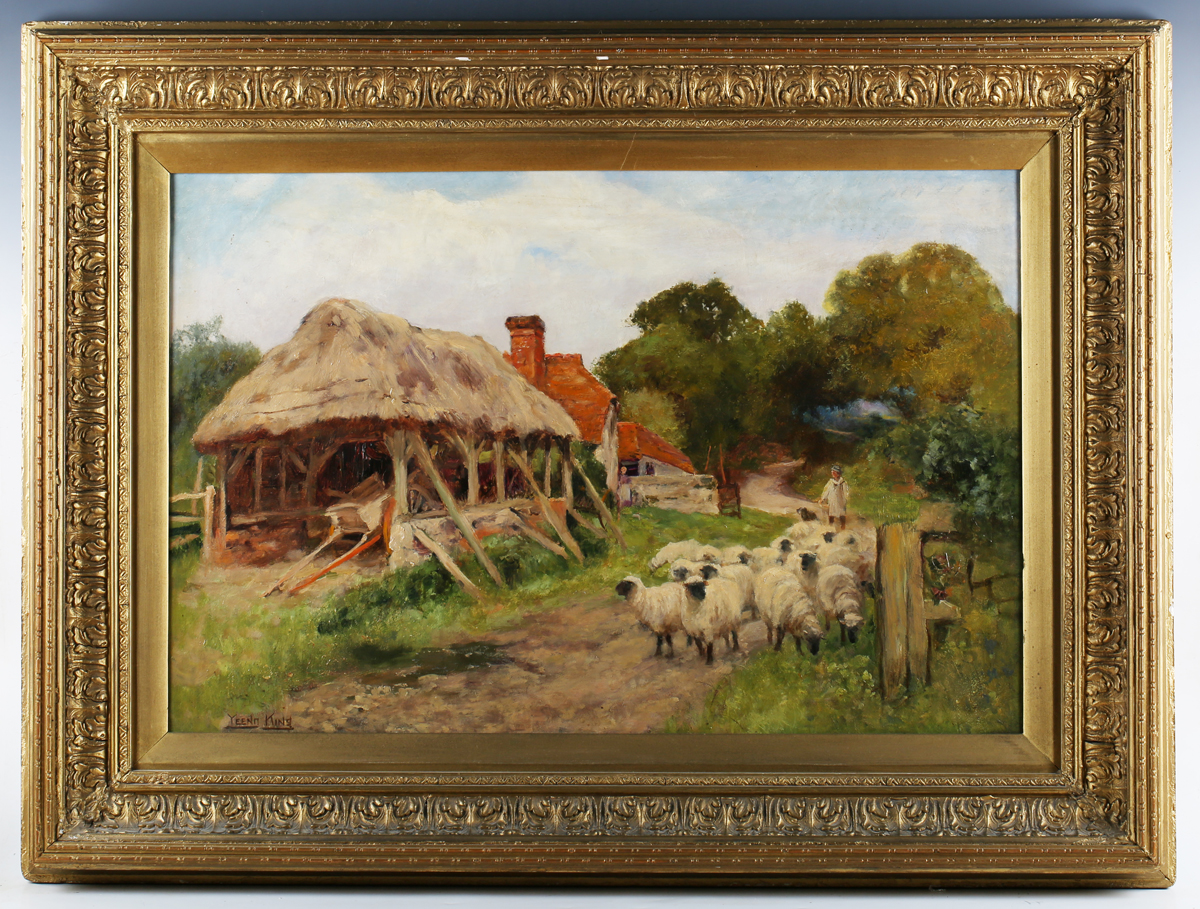 Circle of Henry John Yeend King - Landscape with Farm Buildings, Shepherd and Sheep, late 19th/early - Image 6 of 6