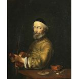 After Gerard ter Borch - The Violinist, oil on panel, Belgravia Gallery label verso, 22cm x17cm