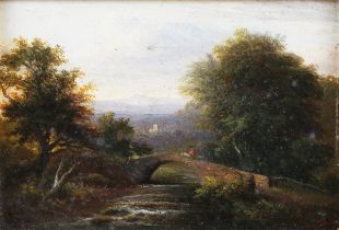 Attributed to Harriet Reinagle - River Landscape with Bridge and Figure on Horseback, 19th century