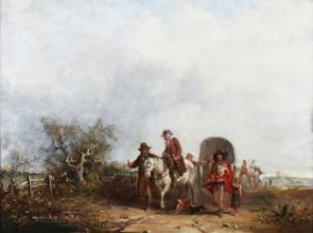 Reuben Bussey - Travellers with Horses, Waggons and Dogs on a Country Road, 19th century oil on