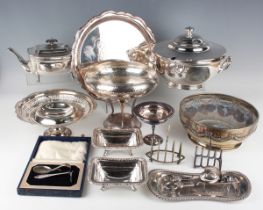 A collection of assorted plated items, including an Arts and Crafts style bowl by Walker & Hall,
