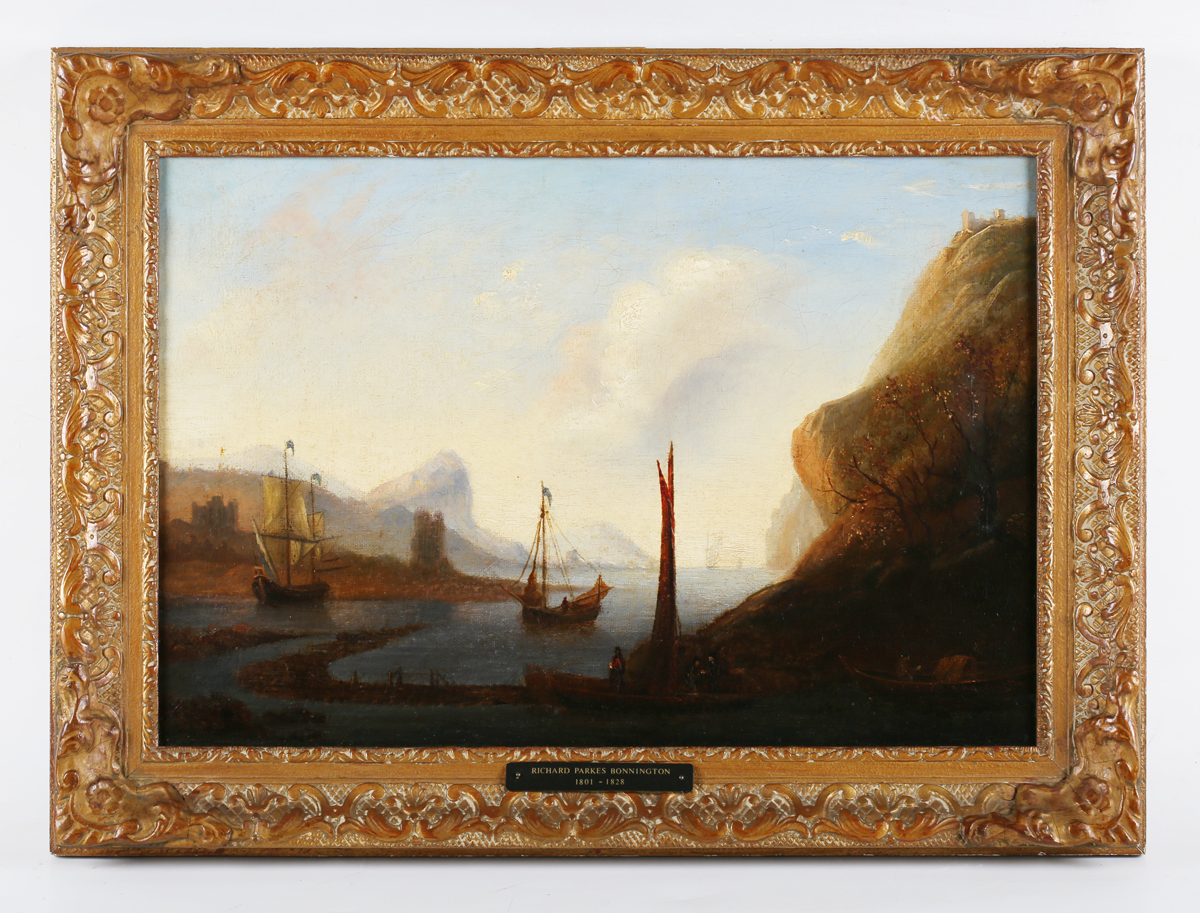 Follower of Richard Parkes Bonnington - Coastal Inlet with Sailing Vessels, 19th century oil on - Image 6 of 6