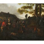 Follower of Philips Wouwerman - Horses, Cart and Figures near a Cottage, 18th century oil on canvas,