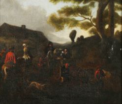 Follower of Philips Wouwerman - Horses, Cart and Figures near a Cottage, 18th century oil on canvas,