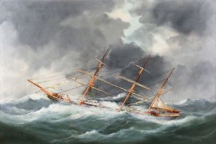 British School - Sailing Vessel in Stormy Seas, 19th century oil on canvas, 61cm x 91.5cm, within