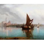Continental School - Estuary Landscape with Sailing Vessels occupied with Figures near a Town,