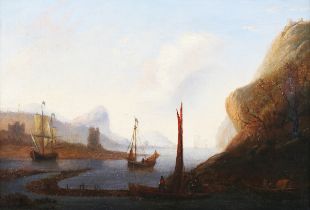 Follower of Richard Parkes Bonnington - Coastal Inlet with Sailing Vessels, 19th century oil on