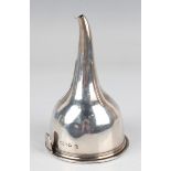 A Victorian silver wine funnel, the circular bowl with tapering spout, the detachable strainer