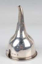A Victorian silver wine funnel, the circular bowl with tapering spout, the detachable strainer