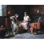 Giuseppe Magni - Interior Scene with two Women and a Baby, late 19th/early 20th century oil on