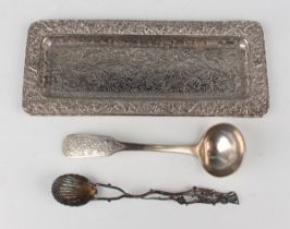 A late 19th/early 20th century Chinese silver rectangular dish with engraved foliate centre within a