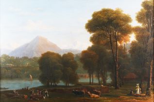 Samuel John Stump - Cattle and Figures on the Bank of Lake Geneva, oil on canvas, signed and dated