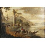 Johannes Lingelbach - Capriccio Landscape with Classical Ruin, Lake, Figures and Punt, 17th