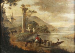 Johannes Lingelbach - Capriccio Landscape with Classical Ruin, Lake, Figures and Punt, 17th