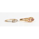 A gold, platinum and diamond three stone ring, detailed '18ct Plat', weight 1.8g, ring size approx