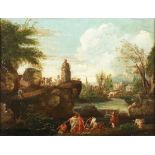Circle of Nicola Viso - Capriccio River Landscape with Figures and Classical Ruins, 18th century oil