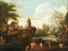 Circle of Nicola Viso - Capriccio River Landscape with Figures and Classical Ruins, 18th century oil