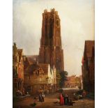 James Burton - Rheims Street scene with Figures and Cathedral, 19th century oil on canvas, signed